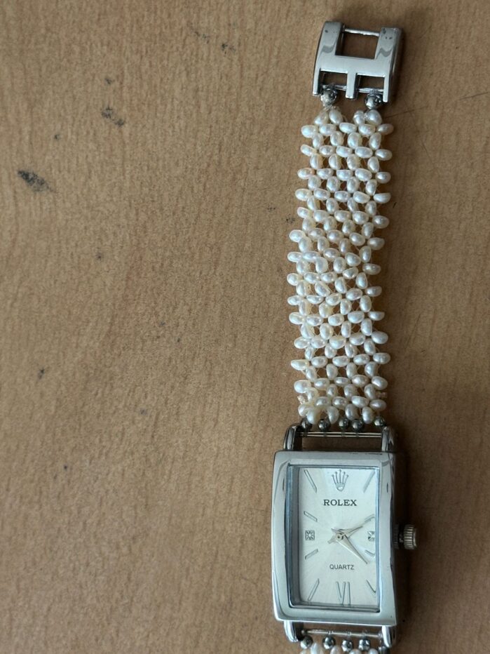 Rolex-Inspired Rectangular Pearl Strap Watch - Image 3