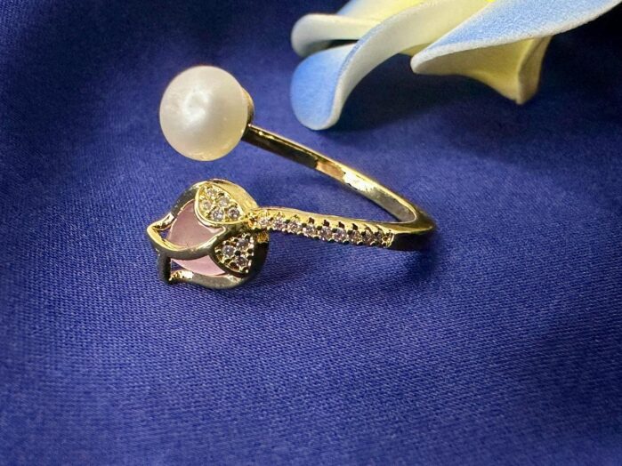 Original Pearl Adjustable Ring – Rose Design with Zircon Detailing - Image 2