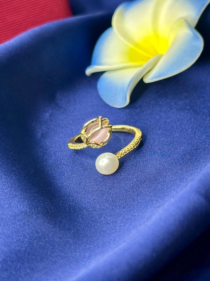 Original Pearl Adjustable Ring – Rose Design with Zircon Detailing - Image 3