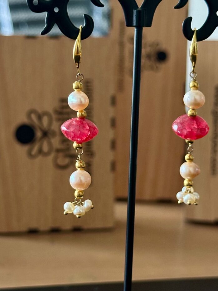 Premium Freshwater Pearl & Ruby Stone Earrings – 18k Gold Plated, 2.5 Inch Long - Image 3