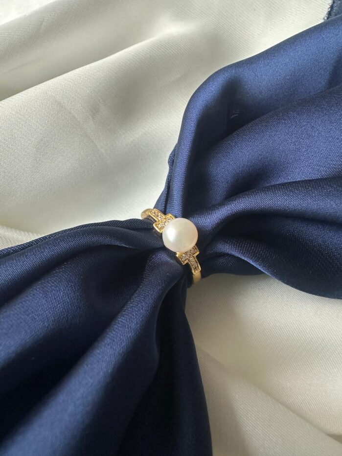 Freshwater Pearl Adjustable Ring - Gold Cross Design