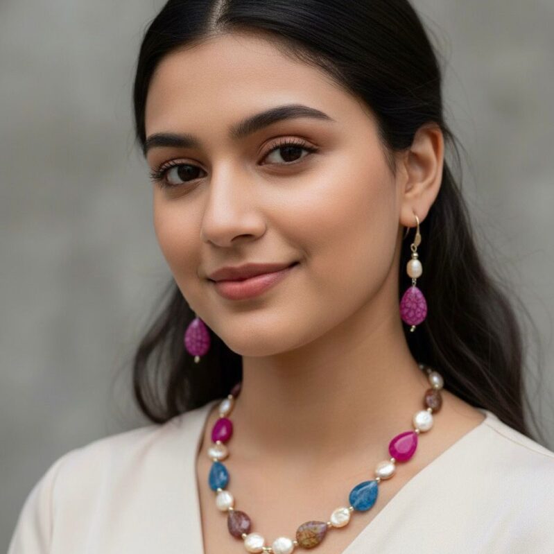 Multicolor Gemstone & Freshwater Pearl Necklace Set - Unique Teardrop Design