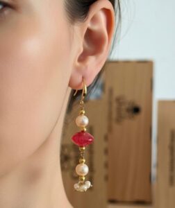 Premium Freshwater Pearl & Ruby Stone Earrings – 18k Gold Plated, 2.5 Inch Long