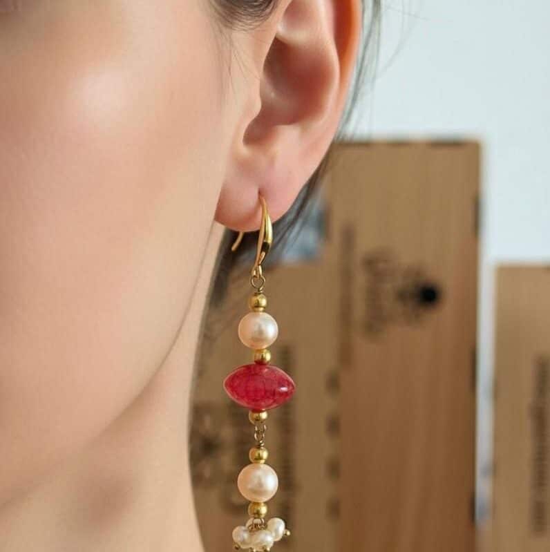 Premium Freshwater Pearl & Ruby Stone Earrings – 18k Gold Plated, 2.5 Inch Long