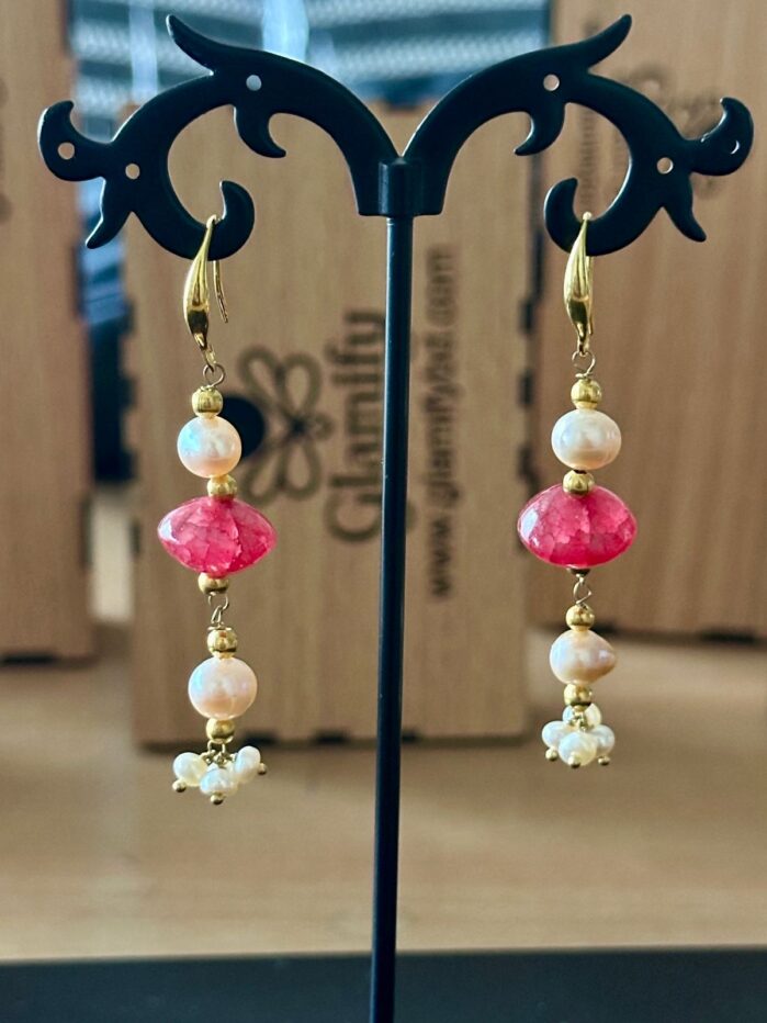 Premium Freshwater Pearl & Ruby Stone Earrings – 18k Gold Plated, 2.5 Inch Long
