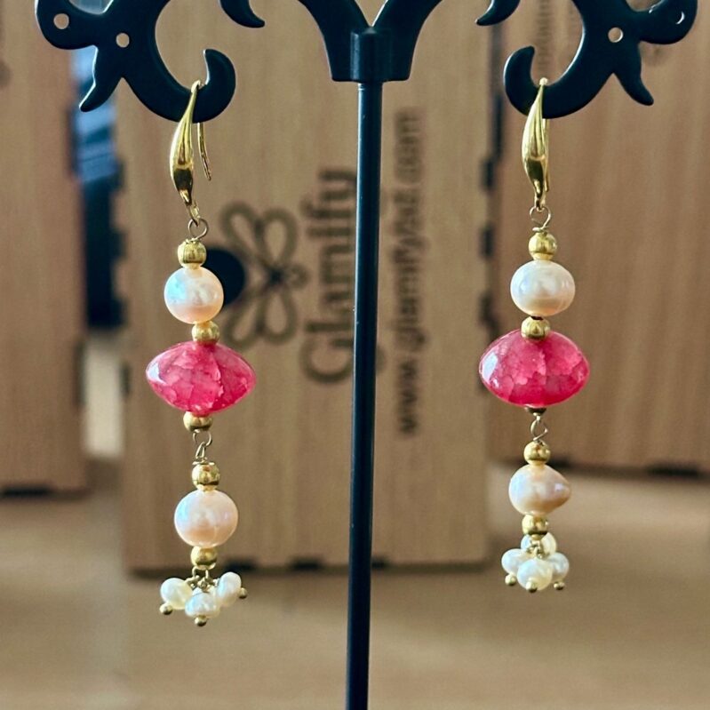 Premium Freshwater Pearl & Ruby Stone Earrings – 18k Gold Plated, 2.5 Inch Long