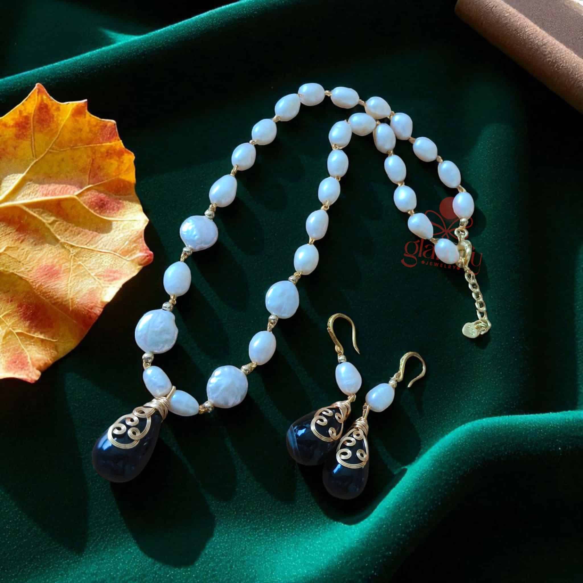 White Pearl & Black Stone Pendant Necklace Set | AAA Grade - Image 2