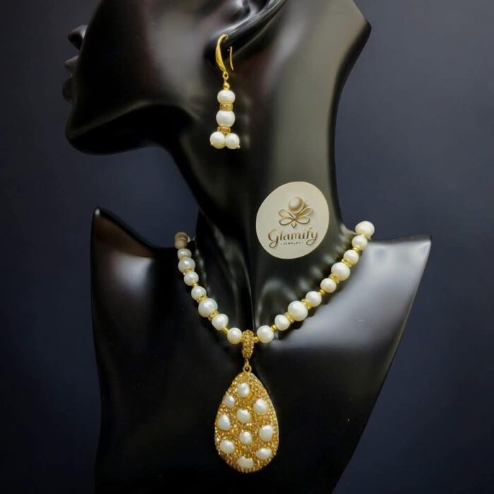Freshwater Pearl Necklace & Earring Set | Gold-Plated Teardrop Pendant - Image 3