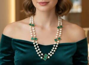 Royal Double-Layer Pearl Necklace w/ Green Clover Stones