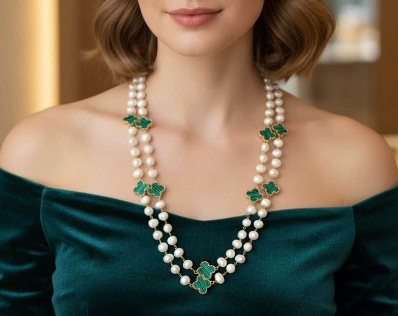 Royal Double-Layer Pearl Necklace w/ Green Clover Stones