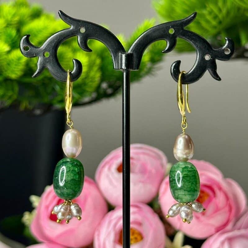 Natural Green Panna Stone & Baroque Pearl Earrings | Gold