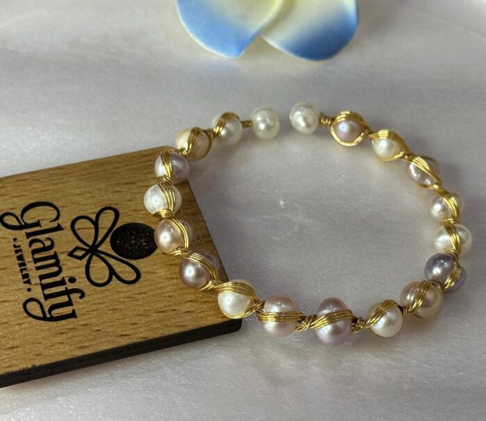 Adjustable Multicolor Freshwater Pearl Bracelet - Gold Wire Wrapped Design