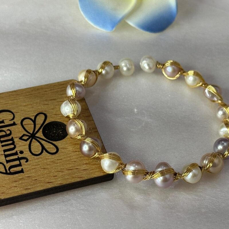 Adjustable Multicolor Freshwater Pearl Bracelet - Gold Wire Wrapped Design
