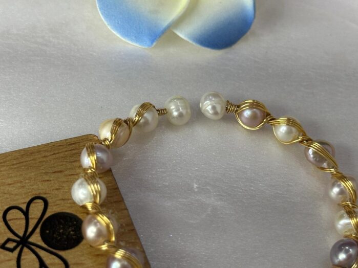 Adjustable Multicolor Freshwater Pearl Bracelet - Gold Wire Wrapped Design - Image 2