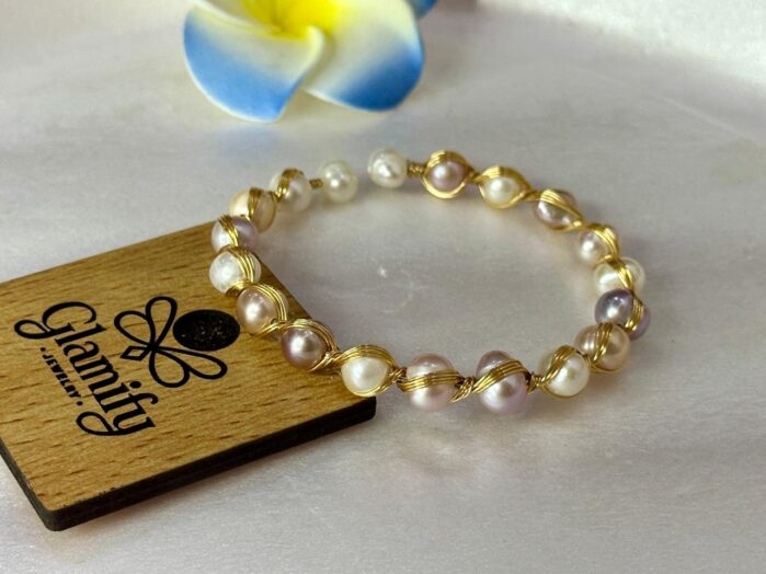 Adjustable Multicolor Freshwater Pearl Bracelet - Gold Wire Wrapped Design - Image 4