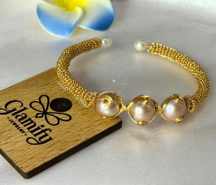 Luminous Peach Freshwater Pearl Cuff Bracelet - Gold Mesh Bangle