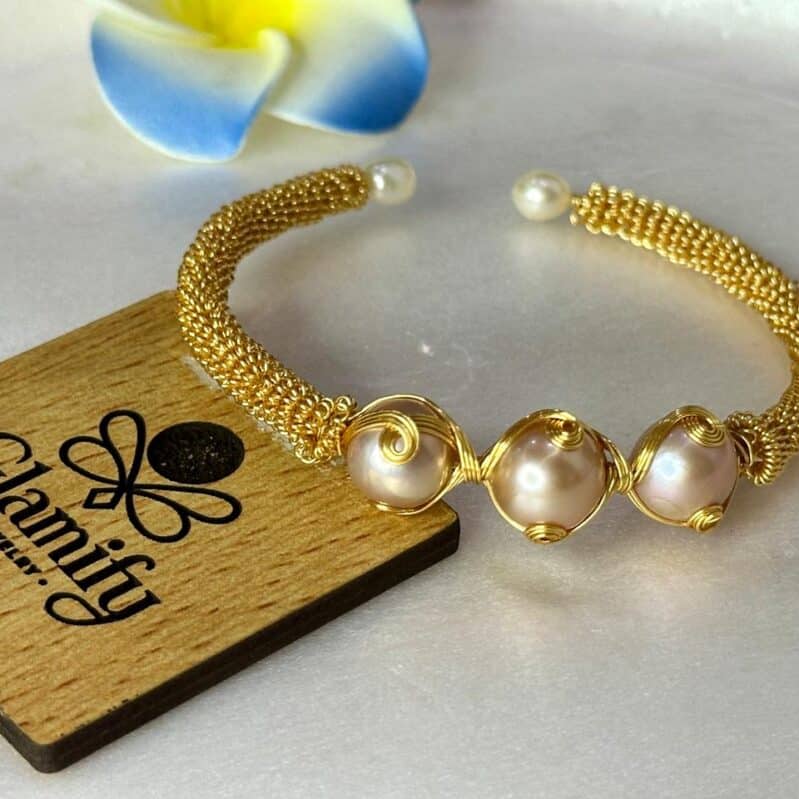 Luminous Peach Freshwater Pearl Cuff Bracelet - Gold Mesh Bangle