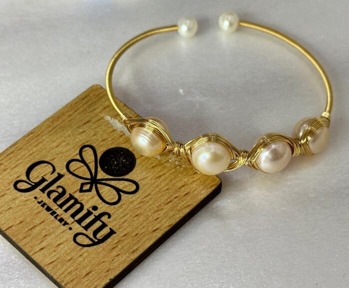 Adjustable Freshwater Pearl Bracelet - Gold Coiled Link Flexible Design