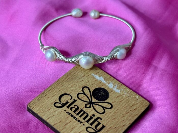 Unique Design Three-Pearl Cuff Bangle - Silver-Tone Open Bracelet