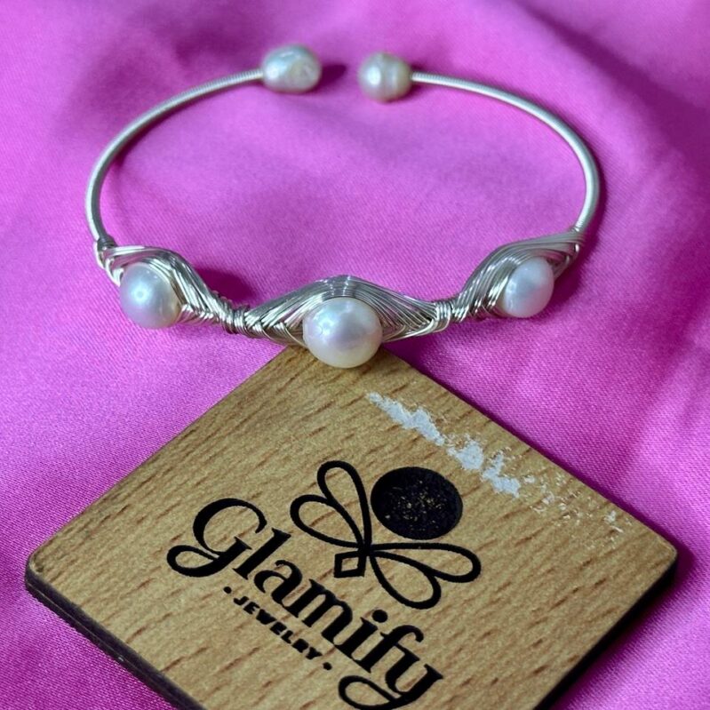 Unique Design Three-Pearl Cuff Bangle - Silver-Tone Open Bracelet