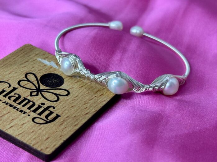 Unique Design Three-Pearl Cuff Bangle - Silver-Tone Open Bracelet - Image 3