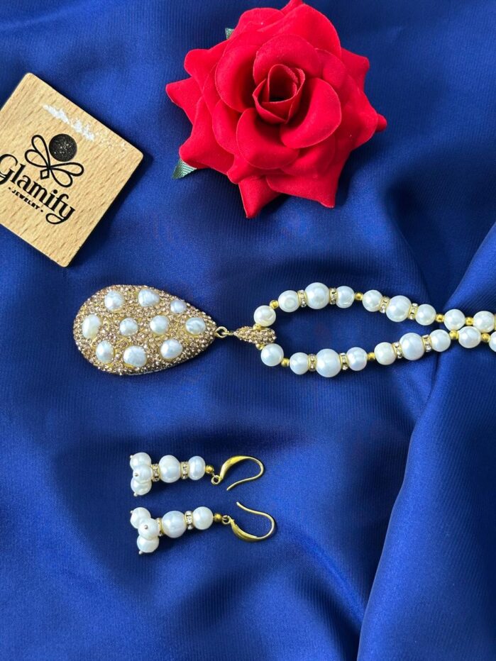 Freshwater Pearl Necklace & Earring Set | Gold-Plated Teardrop Pendant