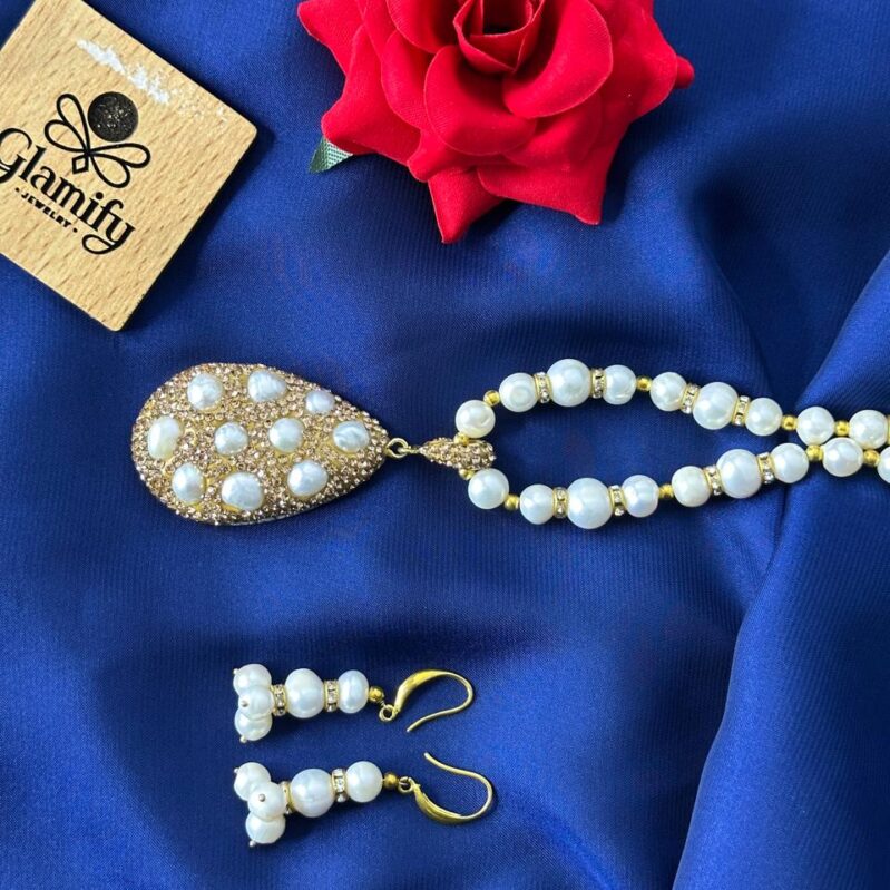Freshwater Pearl Necklace & Earring Set | Gold-Plated Teardrop Pendant