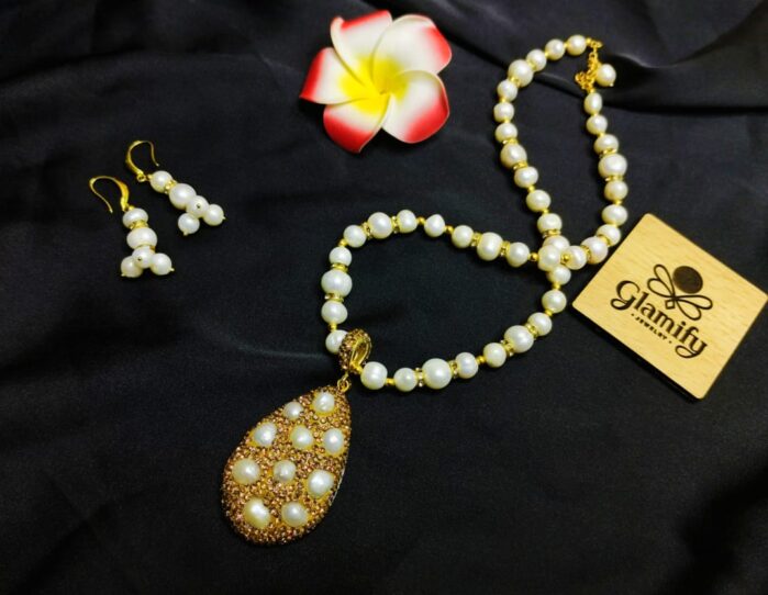 Freshwater Pearl Necklace & Earring Set | Gold-Plated Teardrop Pendant - Image 2