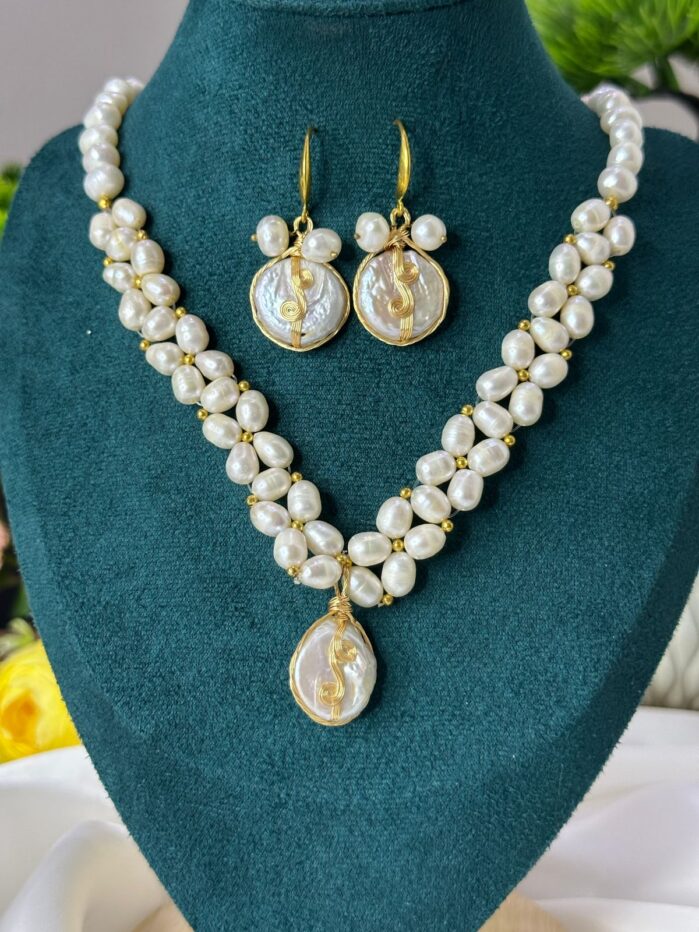 Round & Rice Pearl Necklace aaa grade | Mother of Pearl Pendant - Image 4
