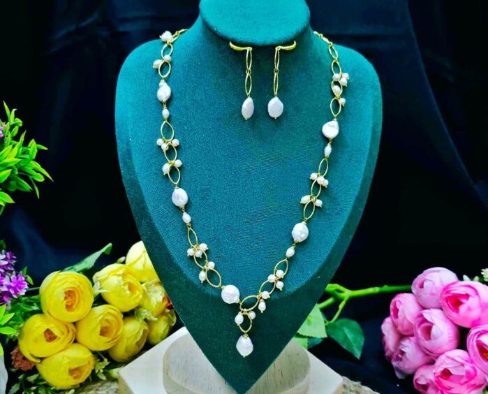 14K Gold Plated Coin & Round Pearl Necklace Set aaa grade