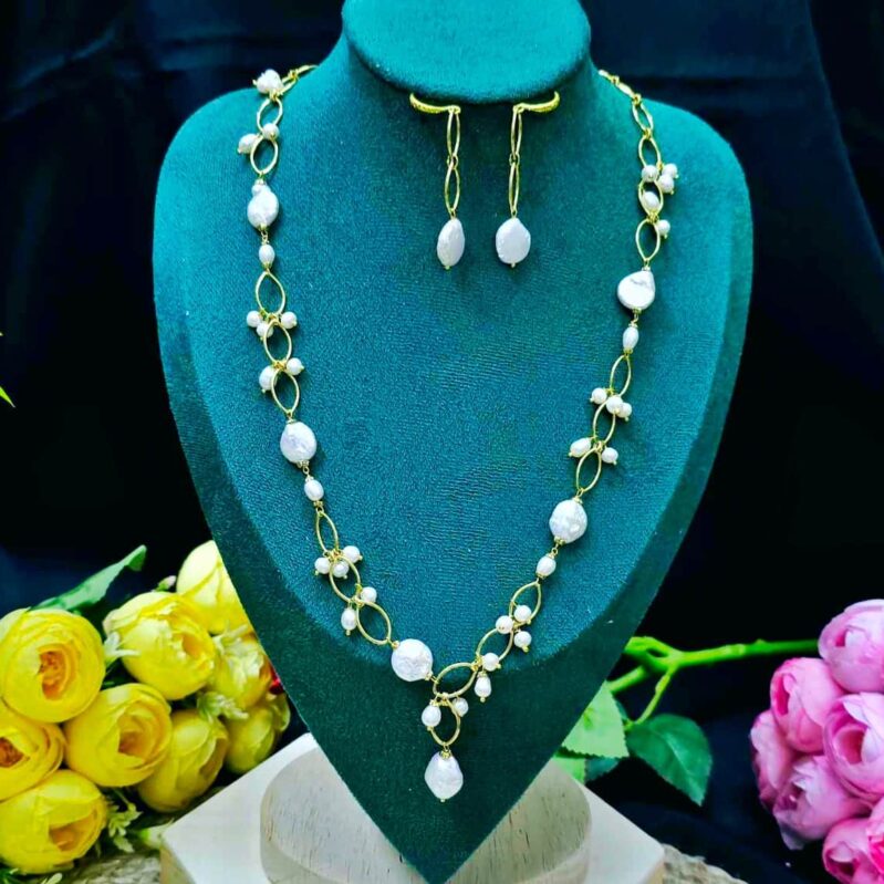 14K Gold Plated Coin & Round Pearl Necklace Set aaa grade