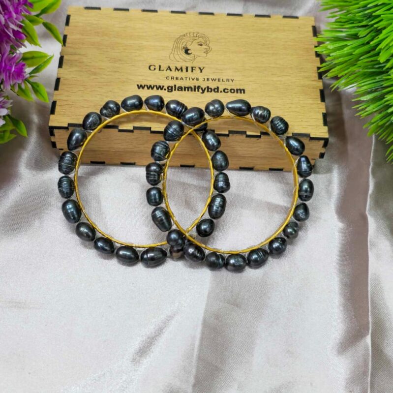 Black/Purple Rice Pearl Churi Set | Handcrafted Bangles