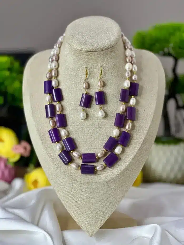 Rice Pearl & Regal Purple Stone Necklace Set | Designer Jewelry - Image 5