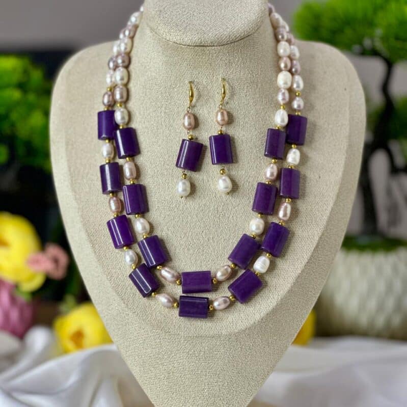 Rice Pearl & Regal Purple Stone Necklace Set | Designer Jewelry