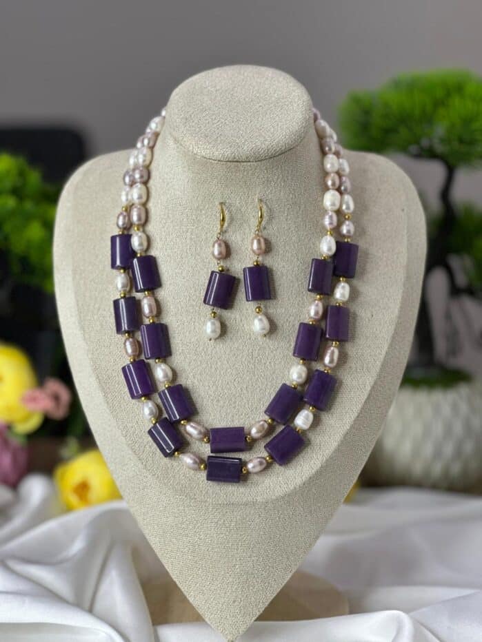 Rice Pearl & Regal Purple Stone Necklace Set | Designer Jewelry - Image 2