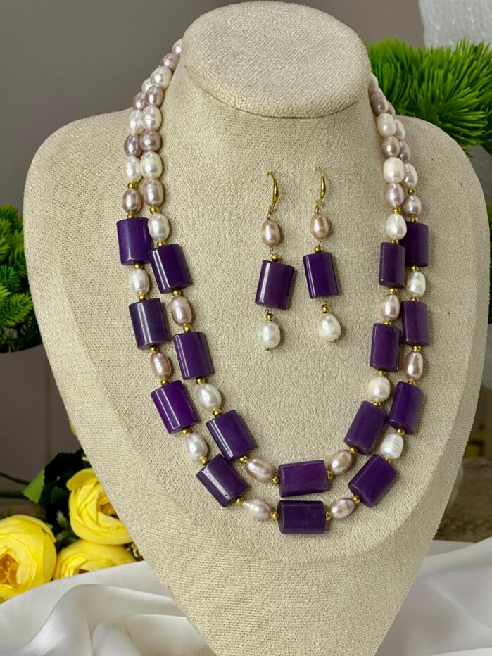 Rice Pearl & Regal Purple Stone Necklace Set | Designer Jewelry - Image 4