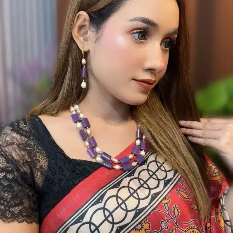 Rice Pearl & Regal Purple Stone Necklace Set | Designer Jewelry