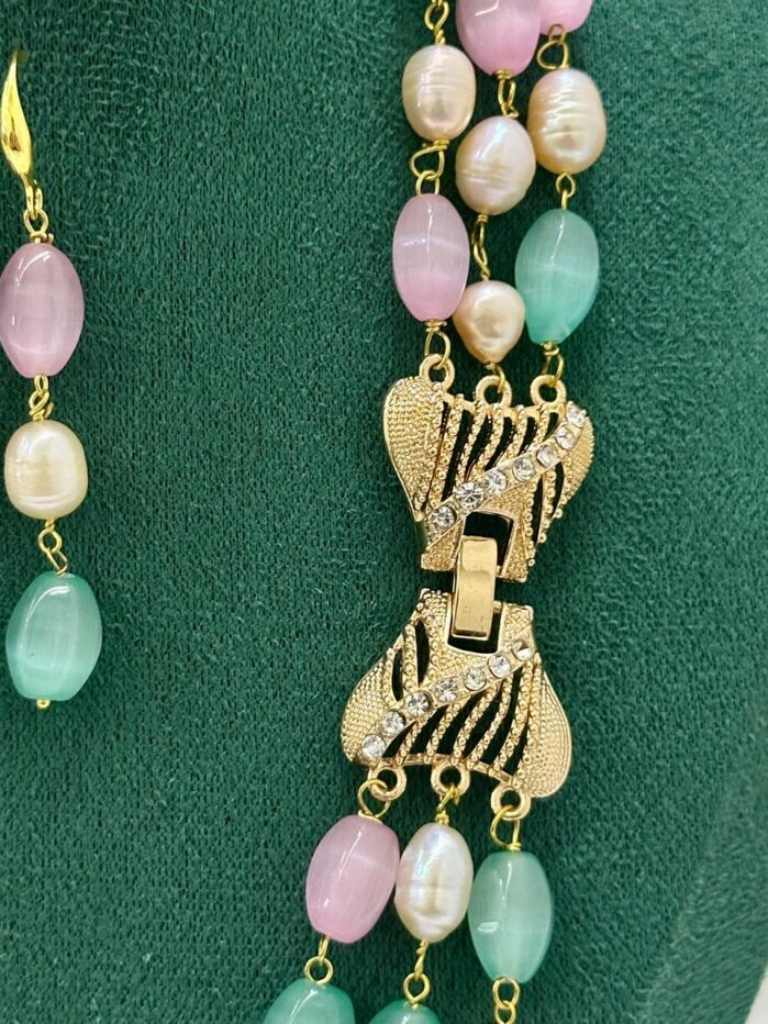 Pink Green Stone & Pearl 3-Layer Necklace Set - Image 2