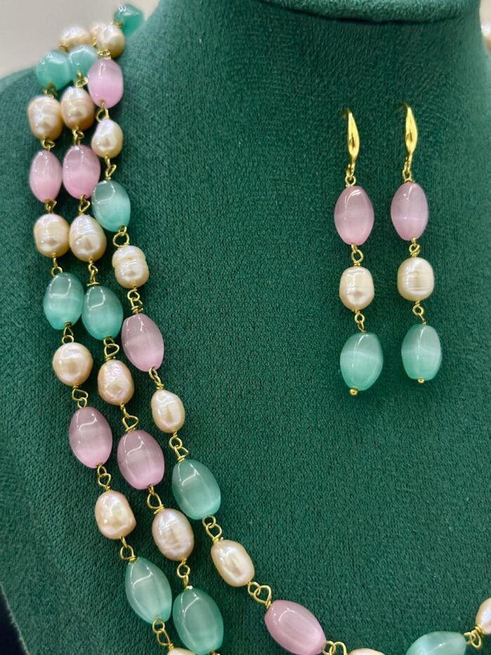 Pink Green Stone & Pearl 3-Layer Necklace Set - Image 3
