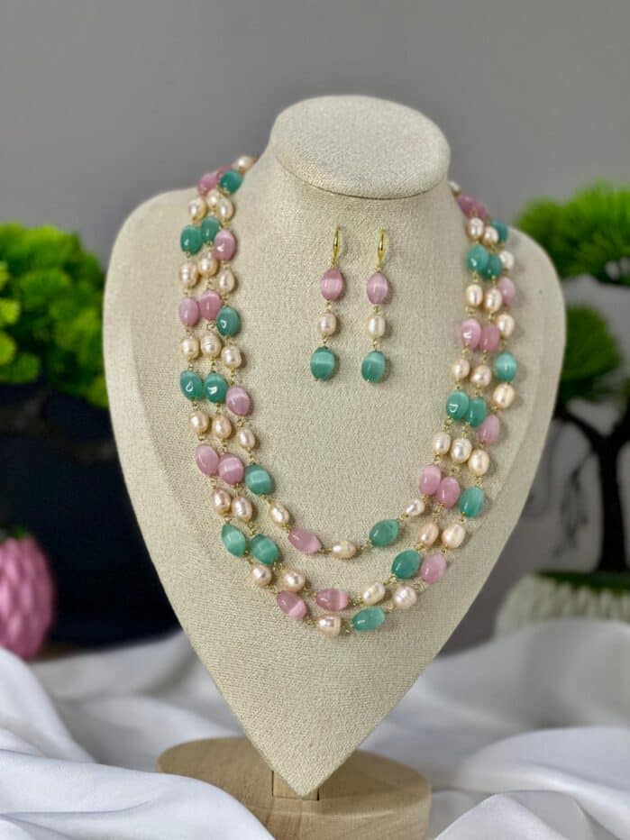 Pink Green Stone & Pearl 3-Layer Necklace Set - Image 6