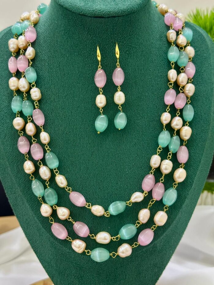 Pink Green Stone & Pearl 3-Layer Necklace Set - Image 4