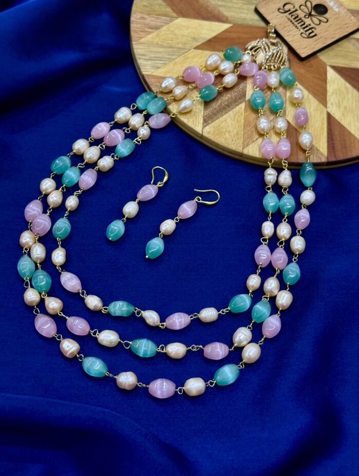 Pink Green Stone & Pearl 3-Layer Necklace Set - Image 5