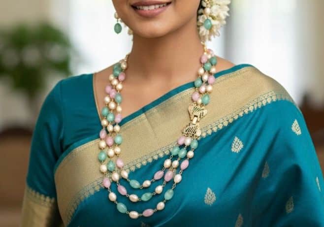 Pink Green Stone & Pearl 3-Layer Necklace Set