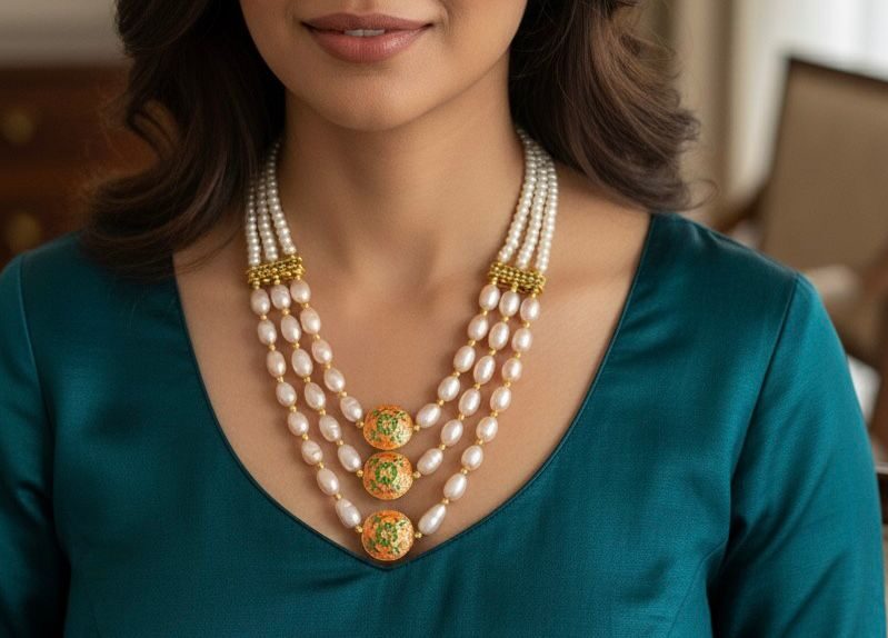 Royal Minakari Pearl Necklace Set | 3-Layer Freshwater Jewelry
