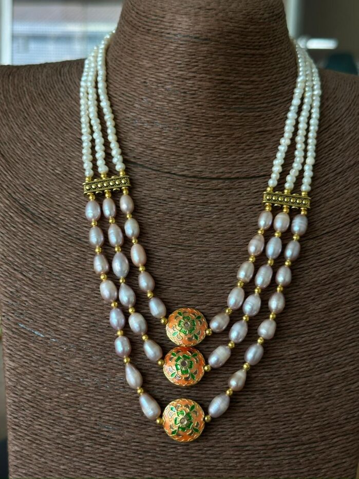 Royal Minakari Pearl Necklace Set | 3-Layer Freshwater Jewelry - Image 3