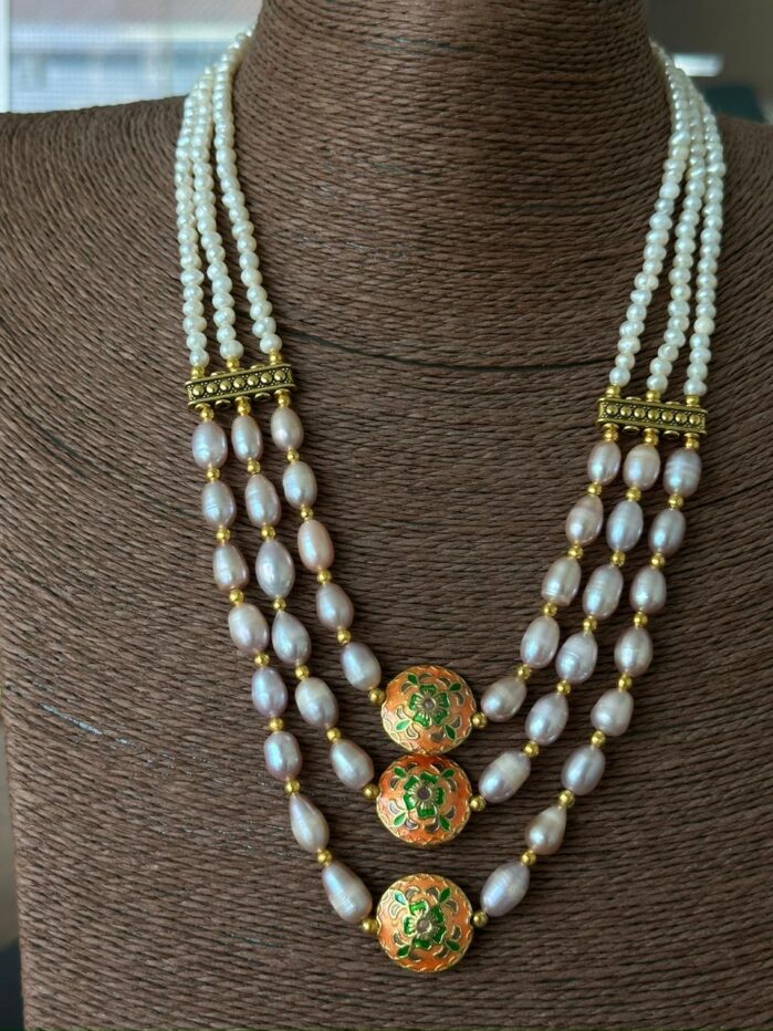 Royal Minakari Pearl Necklace Set | 3-Layer Freshwater Jewelry - Image 2