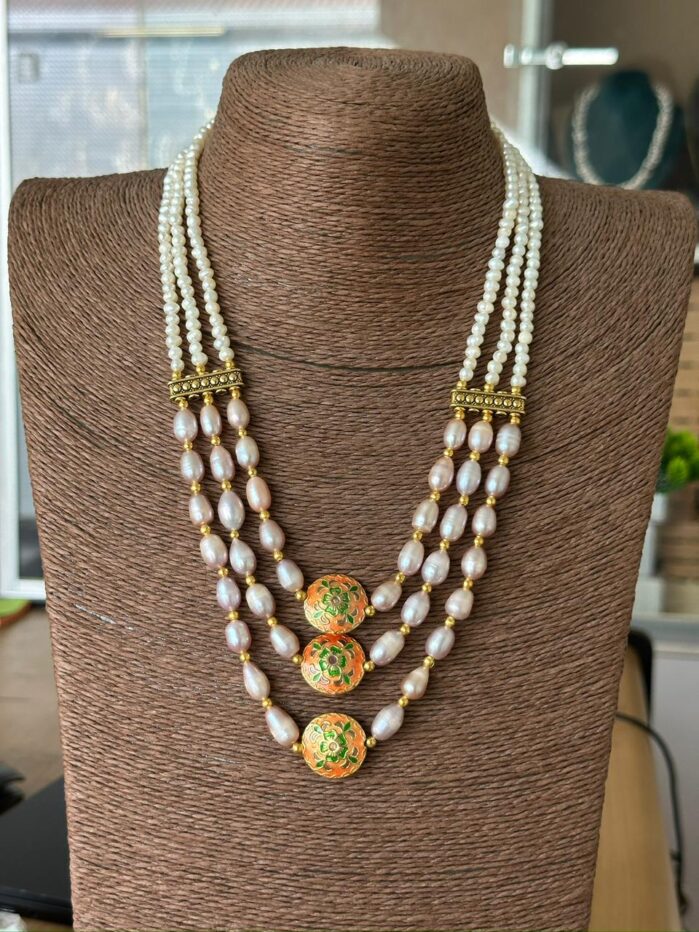 Royal Minakari Pearl Necklace Set | 3-Layer Freshwater Jewelry - Image 4