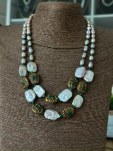 Handcrafted Baroque Pearl Necklace Set with Gold-Plated Beads & Earrings - Gold plated