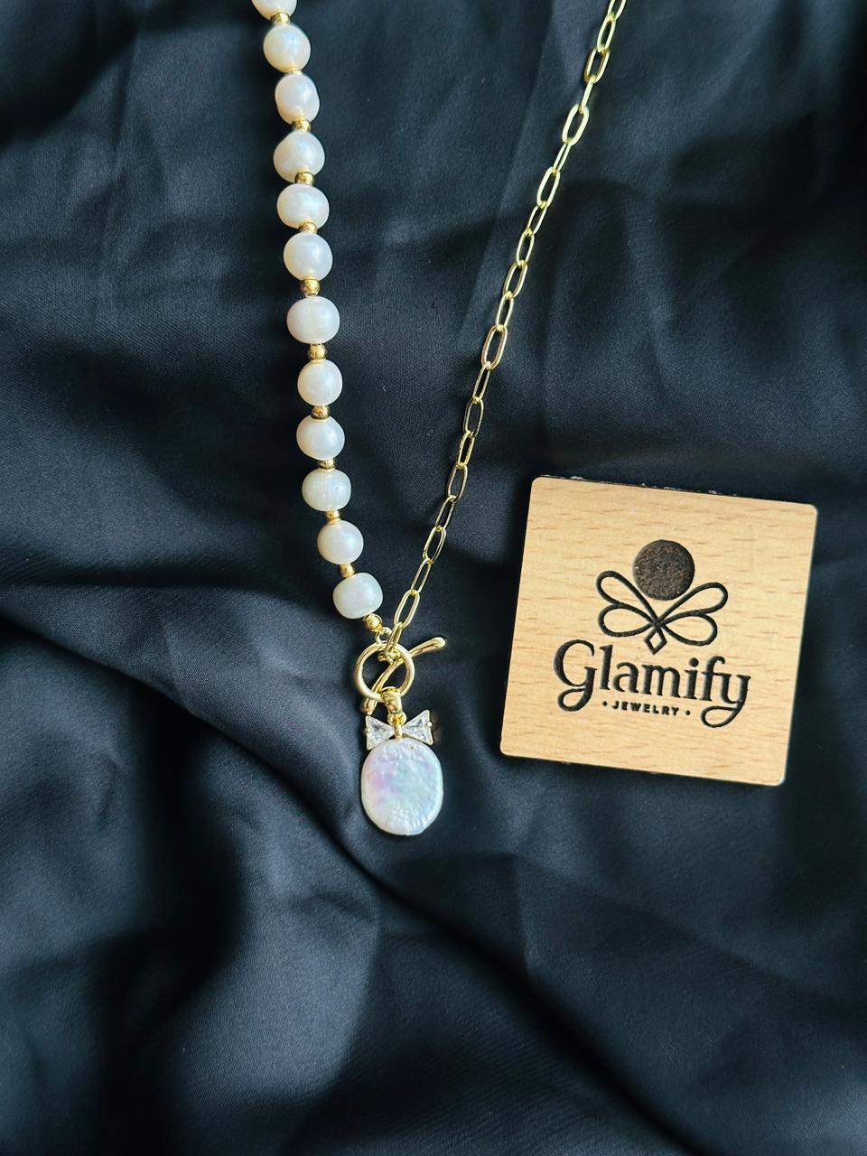 Asymmetrical Pearl & Gold Chain Necklace | coin pearl Pendant - Image 4