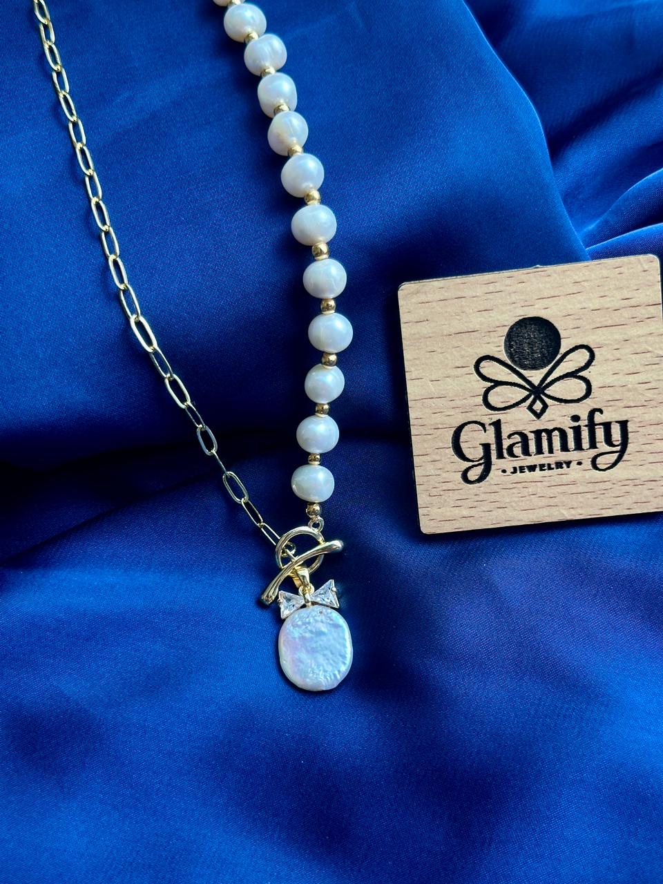 Asymmetrical Pearl & Gold Chain Necklace | coin pearl Pendant - Image 3